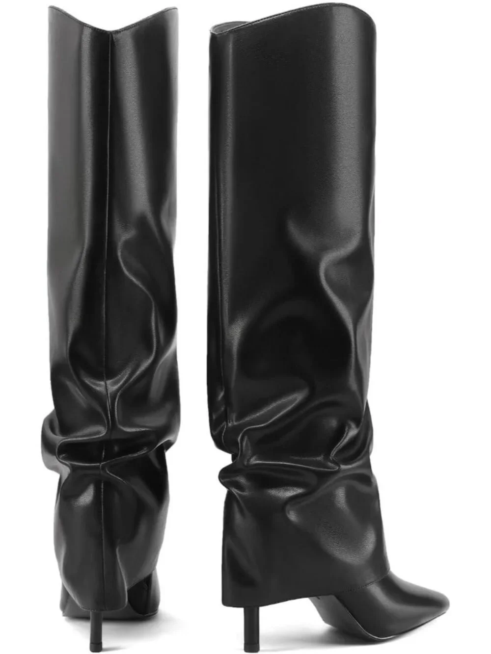 Women's Black Stiletto High Heels Pointed Toe Fold Over Knee High Boots
